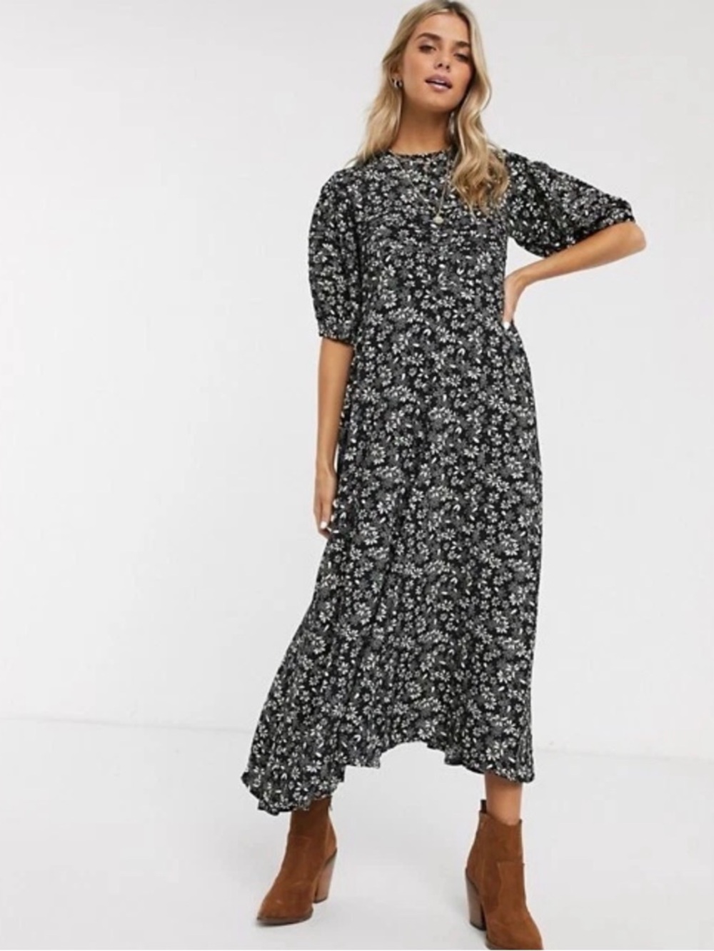 FREE PEOPLE Jessie Ditsy Midi Floral Print Black Dress Size 4